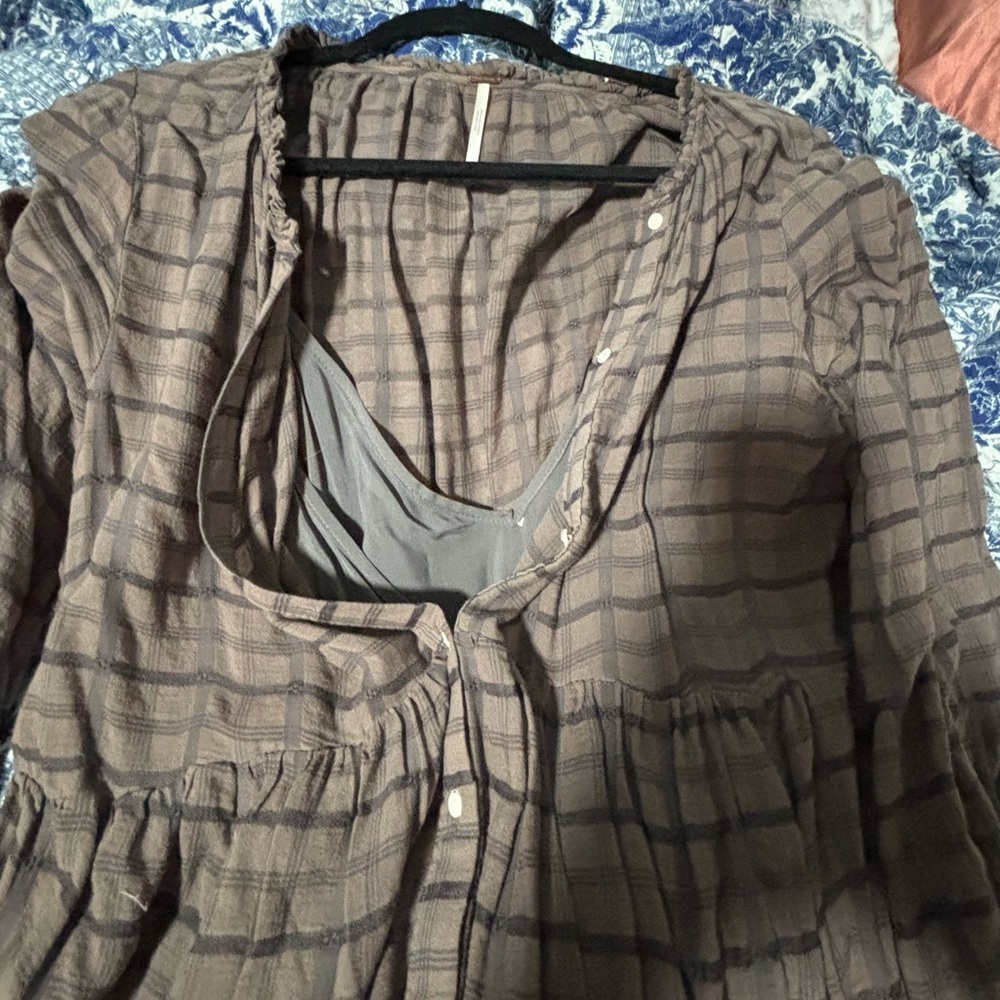 Free People Flowy Brown Plaid Button-Front Tiered Maxi Dress - Picture 6 of 6